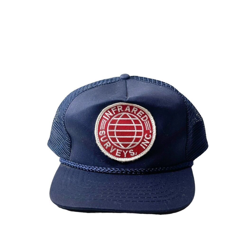 Vintage Mesh Snap Back Trucker Hat Infrared Surveys Inc Patch Logo Navy Blue Cap